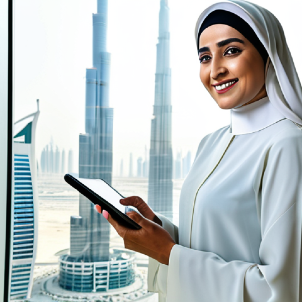 Modern Emirati Businesswoman** "A professional Emirati businesswoman wearing a stylish, modest business abaya in a bright, modern office in Dubai, UAE. She is smiling confidently while looking at a tablet displaying business analytics. The background features the Burj Khalifa subtly visible through the window. Perfect anatomy, correct proportions, natural pose, well-formed hands, proper finger count, natural body proportions. Safe for work, appropriate content, fully clothed, professional, modest, family-friendly, professional photography, high quality." **