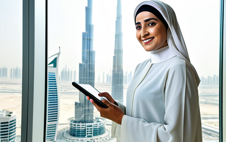 Modern Emirati Businesswoman** "A professional Emirati businesswoman wearing a stylish, modest business abaya in a bright, modern office in Dubai, UAE. She is smiling confidently while looking at a tablet displaying business analytics. The background features the Burj Khalifa subtly visible through the window. Perfect anatomy, correct proportions, natural pose, well-formed hands, proper finger count, natural body proportions. Safe for work, appropriate content, fully clothed, professional, modest, family-friendly, professional photography, high quality." **