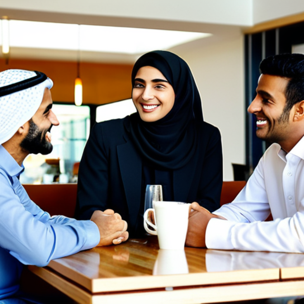 Building Trust in the Arab Market** "A diverse group of fully clothed individuals in modest, professional attire, engaging in a friendly discussion at a modern cafe in Dubai. The scene emphasizes trust and connection, with bright, natural lighting. Focus on genuine smiles and respectful body language. Safe for work, appropriate content, family-friendly. Perfect anatomy, correct proportions, natural pose, well-formed hands. High quality, professional photography." **