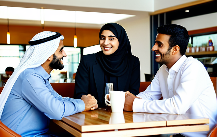 Building Trust in the Arab Market** "A diverse group of fully clothed individuals in modest, professional attire, engaging in a friendly discussion at a modern cafe in Dubai. The scene emphasizes trust and connection, with bright, natural lighting. Focus on genuine smiles and respectful body language. Safe for work, appropriate content, family-friendly. Perfect anatomy, correct proportions, natural pose, well-formed hands. High quality, professional photography." **