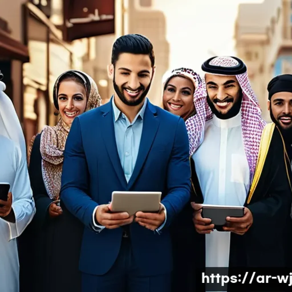 브랜드 스토리텔링 사례 분석 - A compelling scene showing a diverse group of Arabic-speaking people engaging with a digital marketi...