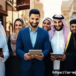 브랜드 스토리텔링 사례 분석 - A compelling scene showing a diverse group of Arabic-speaking people engaging with a digital marketi...