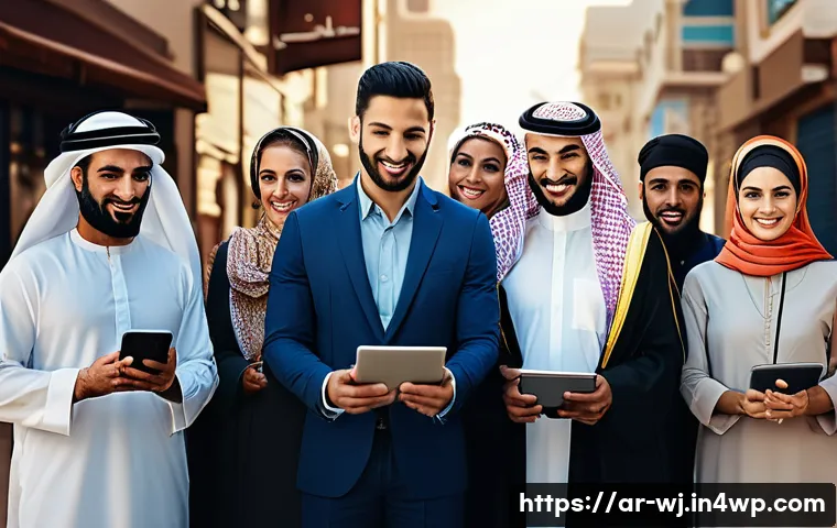 브랜드 스토리텔링 사례 분석 - A compelling scene showing a diverse group of Arabic-speaking people engaging with a digital marketi...