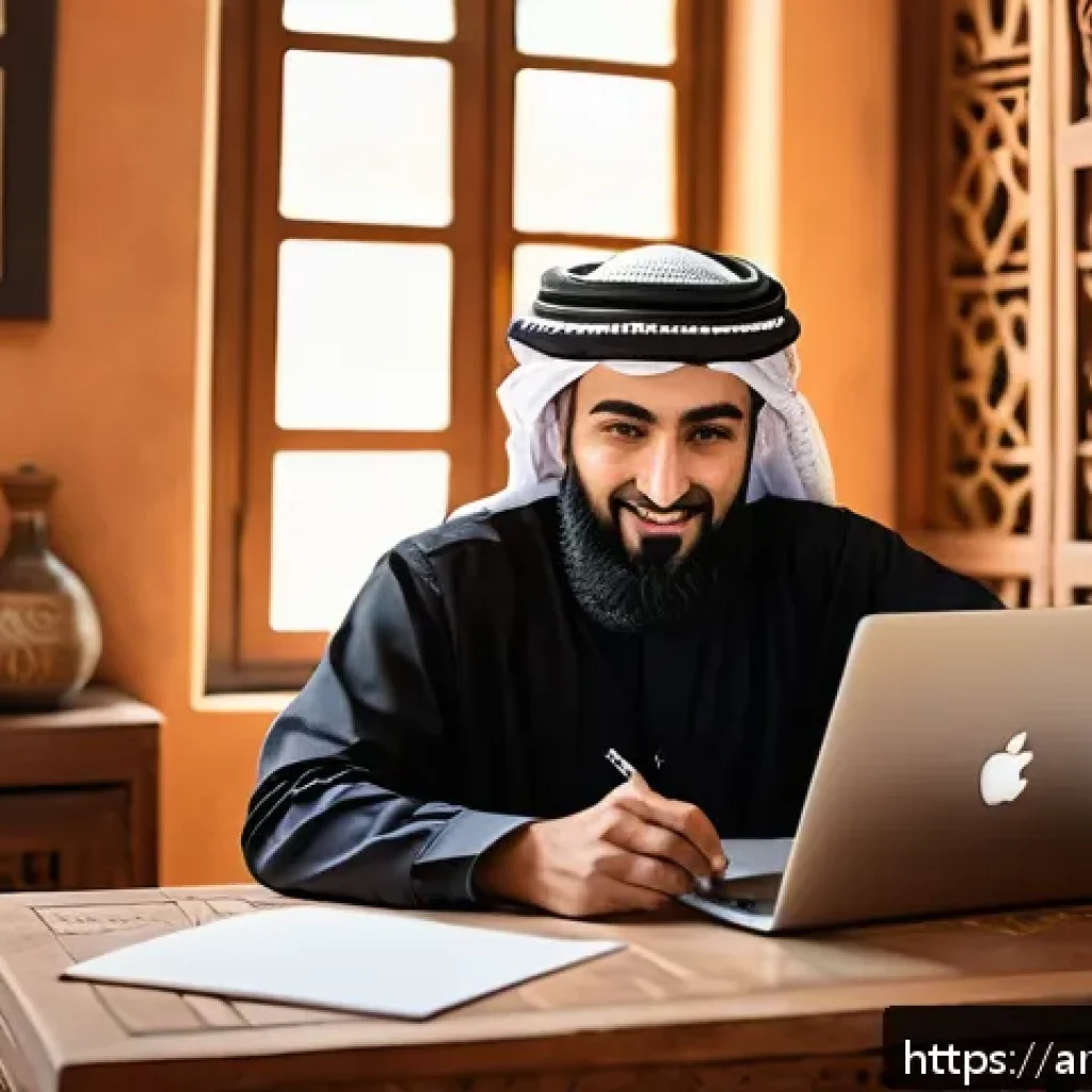 브랜드 스토리텔링의 기본 구성 요소 - A warm, inviting workspace of a small Arabic business owner in traditional attire, sitting at a wood...