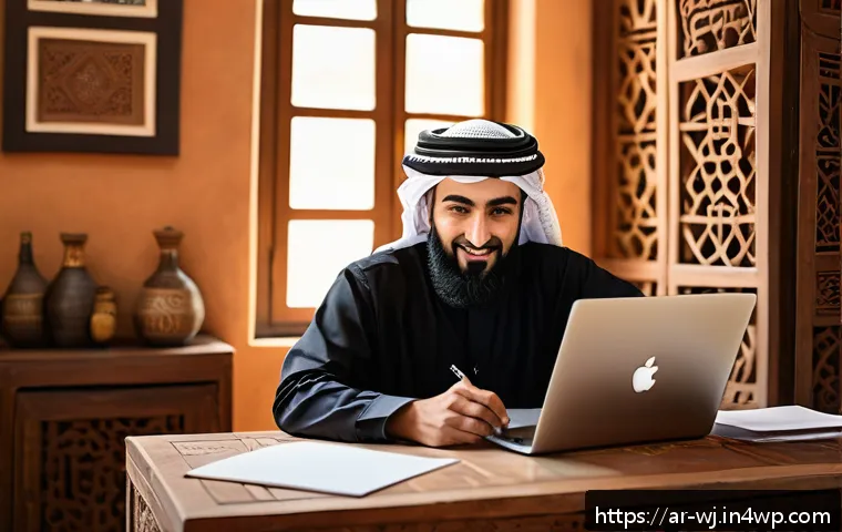브랜드 스토리텔링의 기본 구성 요소 - A warm, inviting workspace of a small Arabic business owner in traditional attire, sitting at a wood...