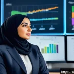 성공적인 브랜드 스토리텔링의 예 - A professional Arab businesswoman in a modern office setting, engaged in a thoughtful discussion wit...